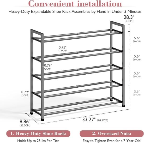 5-Tier Expandable Shoe Rack for Closet, 18“-33” Adjustable Shoe Rack for Small Space, Small Shoe Organizer for Front Door, Sturdy Metal (Grey) - Image 3