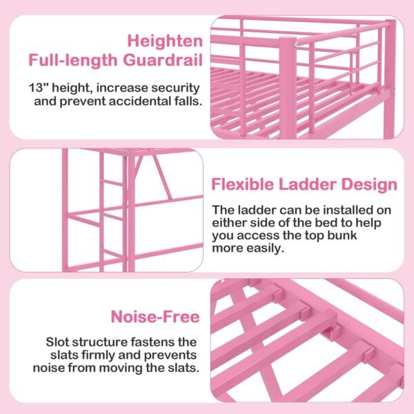 VECELO Metal Loft Bed Twin Size, Heavy Duty Bedframe with Removable Ladder and Safety Guardrail, Space-Saving, Noise Free, No Box Spring Needed, Pink - Image 5