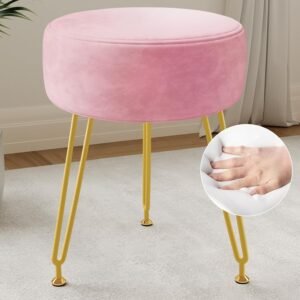 Ottoman Velvet Vanity Stool – Stool for Bedroom,Make Up Chiar Soft Footrest 3 Metal Legs with Anti-Slip Feet，Vanity Chair for Makeup Room,Living Room,Bathroom,Dormroom Light Pink Vanity Chair
