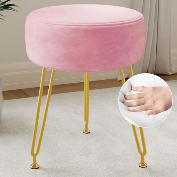 Ottoman Velvet Vanity Stool - Stool for Bedroom,Make Up Chiar Soft Footrest 3 Metal Legs with Anti-Slip Feet，Vanity Chair for Makeup Room,Living Room,Bathroom,Dormroom Light Pink Vanity Chair