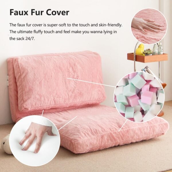 N&V Folding Matress Sofa Bean Bag Bed, Foam Filling Folding Matress Sofa, Includes Removable and Machine Washable Cover, Soft Premium Faux Fur (Small, Pink) - Image 7