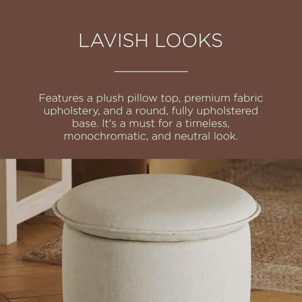Maven Lane Lyra Contemporary Large Round Upholstered Ottoman, Cushioned Footrest for Living Room Couch, Chair, or Dorm Room in Dove Fabric Upholstery - Image 5