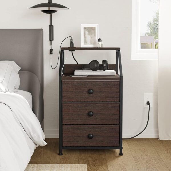 REAHOME Nightstand, Brown Night Stands with Charging Station, Bedside Tables with 3 Fabric Drawers and 2-Tier Storage Shelves, Modern Side Table for Bedroom Living Room - Rustic Brown - Image 2