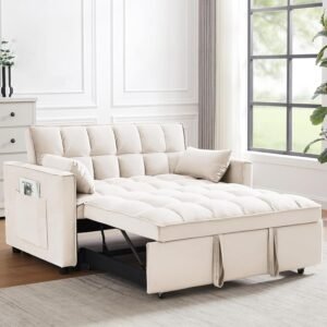 Sleeper Sofa Bed,3 in 1 Convertible Futon Sofa Couch Pull Out Bed,Love Seat Lounge Sofa with Reclining Backrest,Furniture Sleeper Chair for Living Room (White)