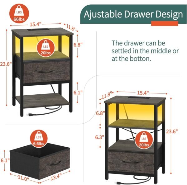 Yoobure Grey Night Stand with Charging Station, LED Nightstand for Bedroom, Bedside Tables with Adjustable Fabric Drawer, 3-Tier End Table Living Room, Small Side Table with Storage - Image 3