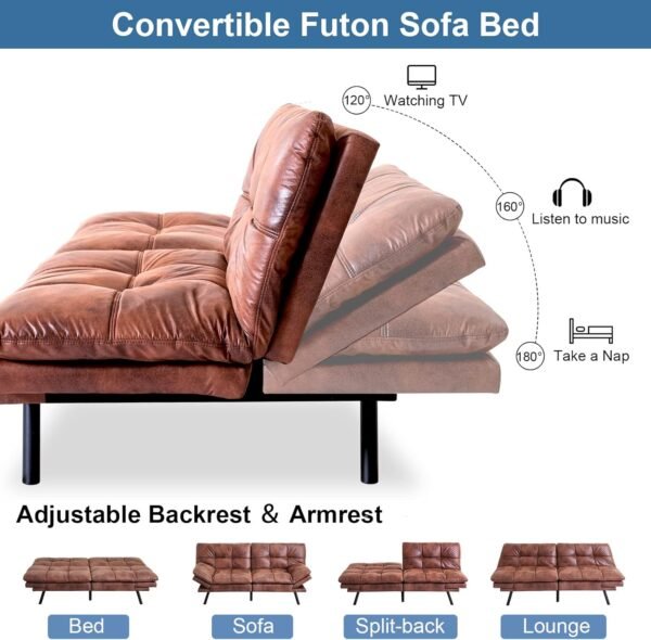 Maxspeed Sofa Bed Couch, Memory Foam Futon Sofa Bed with Mattress and Frame Included,Comfortable Brown Faxu Leather Loveseat Sleeper Sofa for Dorm Apartment Office College Small Space Bedroom - Image 4