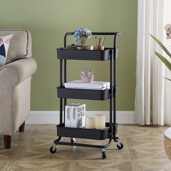 TUKAILAi 3-Tier Rolling Storage Cart with Lockable Wheels and Ergonomic Handle, Slide Out Utility Shelving Unit Organizer Serving Trolley Clearing for Kitchen Bathroom Laundry Bedroom (Black) - Image 6