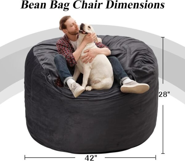 4FT Bean Bag Chairs for Adults with Filling,Big BeanBag Chair with Pocket&Handle,Memory Foam Bean Bags with Velvet Cover for Living Room Bedroom (Grey) - Image 3