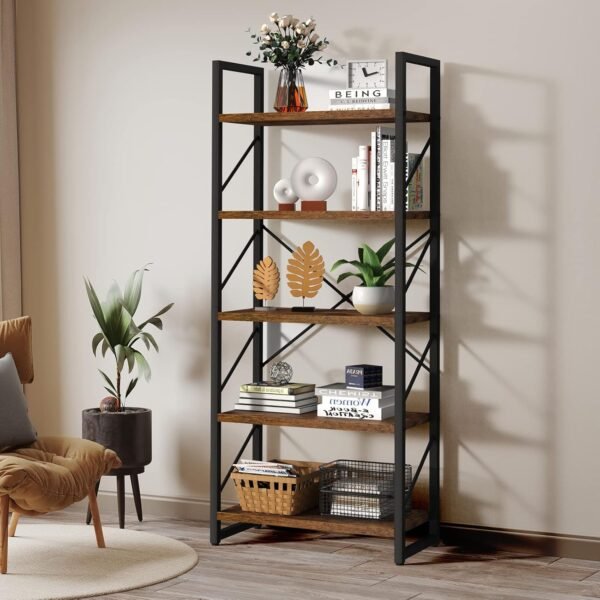 YITAHOME 5 Tiers Bookshelf, Artsy Modern Bookcase, Book Rack, Storage Rack Shelves Books Holder Organizer for Books/Movies in Living Room/Home/Office - Rustic Brown (FTOFBC-0016) - Image 3