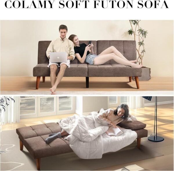 COLAMY Futon Sofa Bed-Fabric Small Futon Couch, Futon Lounge Sofa, Futon Convertible with 2 Cup Holders, Removable Soft Armrest, Adjustable Backrest for Dorm/Bedroom/College Brown - Image 4