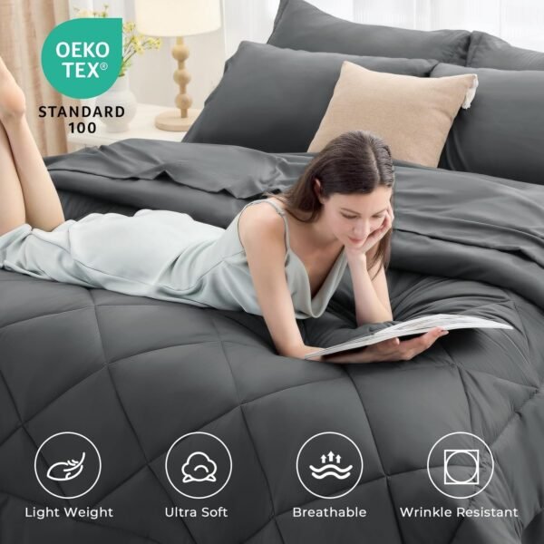 HEVUMYI 7 Pieces Queen Comforter Set, All Season Reversible Bed in a Bag Queen, Ultra Soft Queen Bedding Set with Grey Comforter, Flat Sheet, Fitted Sheet, Pillowcases, Pillow Shams, Dark Grey - Image 3