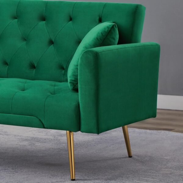 Velvet Sofa Bed Futon w/2 Pillows, Modern Convertible Sleeper Couch, Folding Upholstered Recliner Loveseat, 3-Angle Adjustable, 2-in 1Memory Foam Living Seat for Office Studio (Green) - Image 5
