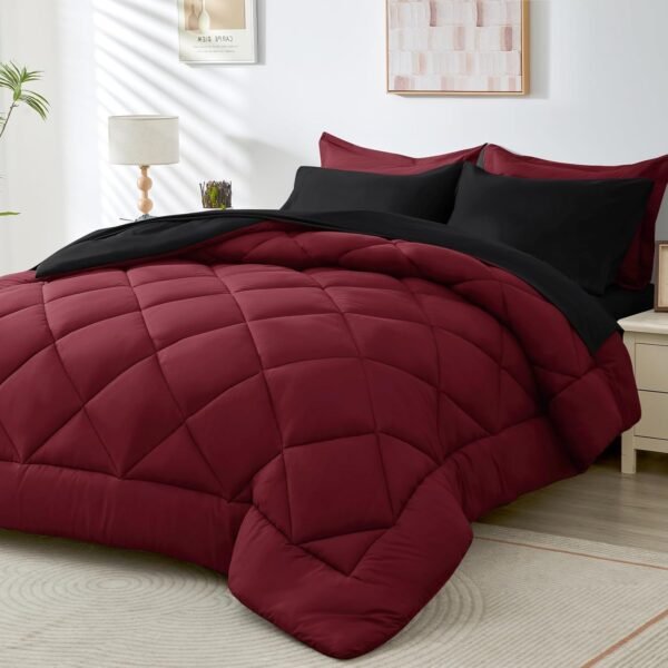 5 Pieces Twin XL Comforter Set, Dorm Bedding Sets, Back to School Bed in a Bag 5 PCS, Down Alternative Sets with Comforter, Flat Sheet, Fitted Sheet, Pillowcase & Pillow Sham, Burgundy Red & Black