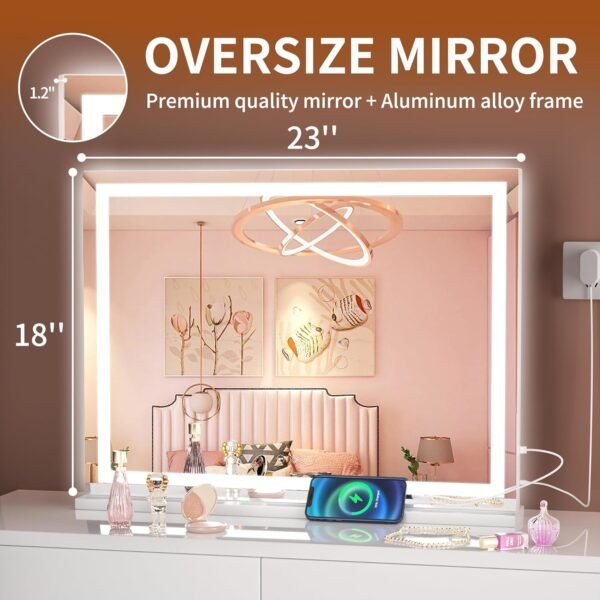 Hasipu Vanity Mirror with Lights, 23" x 18" LED Makeup Mirror, Lighted Makeup Mirror with Dimmable 3 Modes, Touch Screen Control Vanity Mirror Square White - Image 2