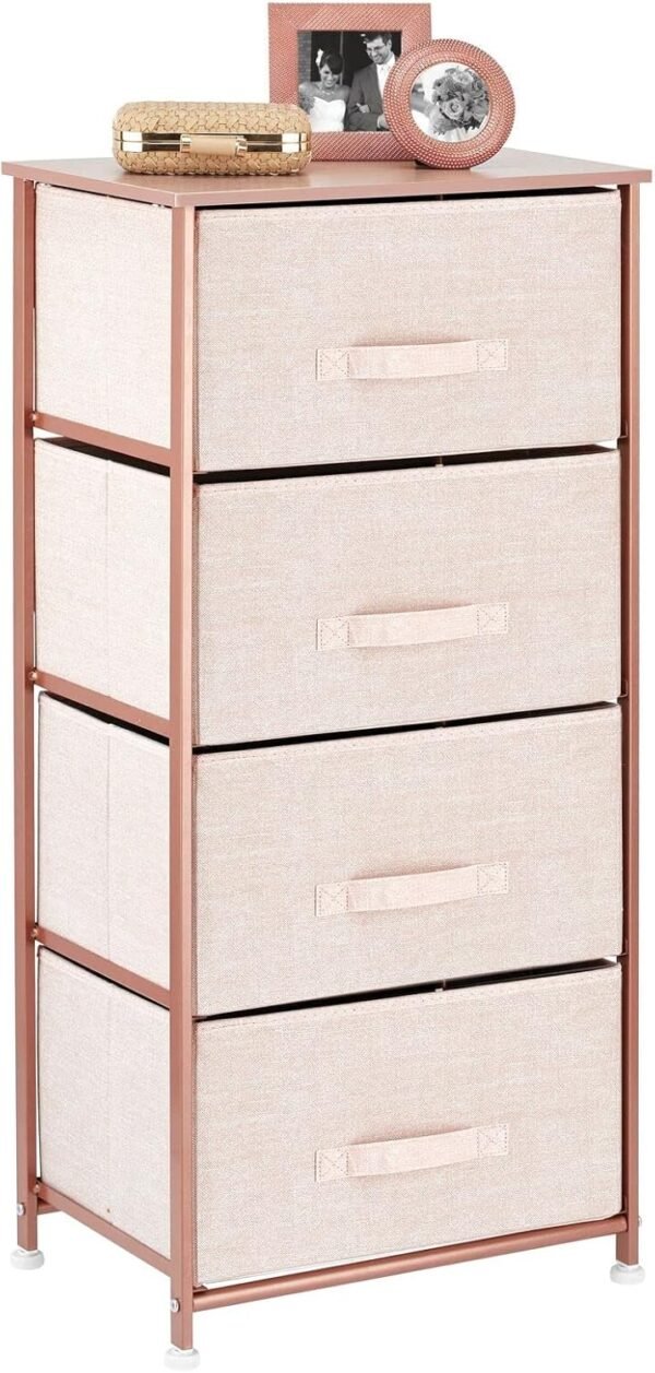 mDesign Tall Dresser Storage Tower Stand with 4 Removable Fabric Drawers - Steel Frame, Wood Top Organizer for Bedroom, Entryway, Closet - Lido Collection - Light Pink/Rose Gold - Image 6