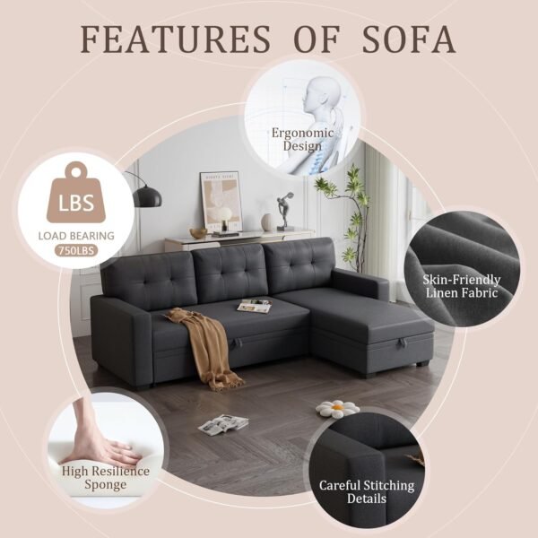 82" L-Shape Convertible Sleeper Sectional Sofa with Storage Chaise and Pull-Out Bed,Modular Corner Couch Lounge,w/Removable 3 Back Cushions & Armrest,for Home Furniture,Dark Gray - Image 4