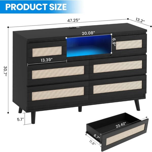 Rattan Dresser for Bedroom with Led Light and Charging Station, 6 Drawer Double Dressers, Modern Wooden Dresser Chest, Beside Table for Closet, Nursery, Living Room,Black - Image 2