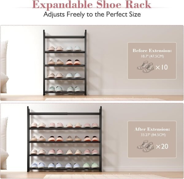 5-Tier Expandable Shoe Rack for Closet, 18“-33” Adjustable Shoe Rack for Small Space, Small Shoe Organizer for Front Door, Sturdy Metal (Black) - Image 5
