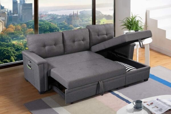 Lilola Home Ashlyn Dark Gray Reversible Sleeper Sectional Sofa with Storage Chaise, USB Charging Ports and Pocket - Image 8