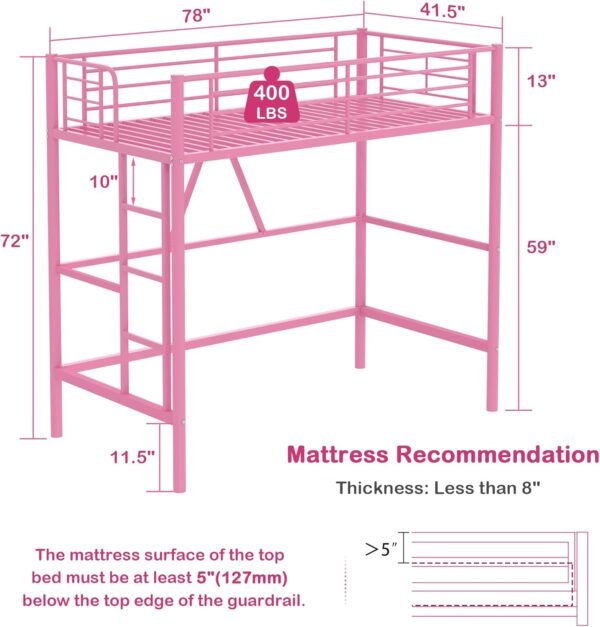 VECELO Metal Loft Bed Twin Size, Heavy Duty Bedframe with Removable Ladder and Safety Guardrail, Space-Saving, Noise Free, No Box Spring Needed, Pink - Image 2