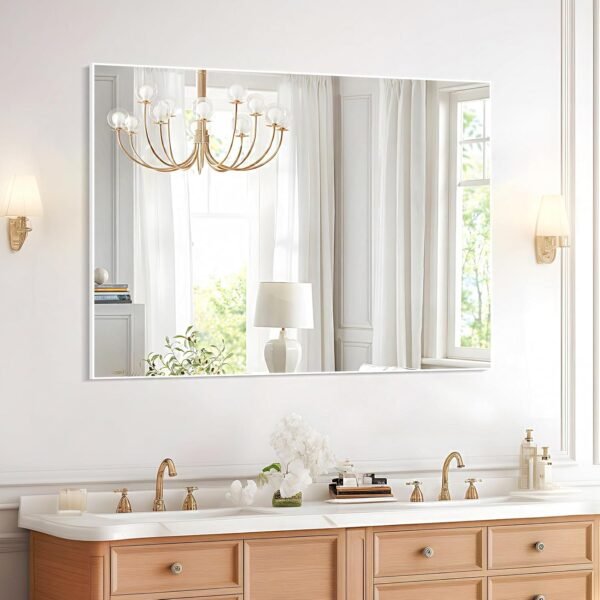 Bathroom Mirrors for Wall Mirror 24x36 inch Vanity Mirror White Bathroom Mirror Aluminum Alloy Frame 24 x 36 Mirror White Metal Mirror Peaked Trim Wall-Mounted Mirrors White Frame Mirror - Image 2