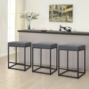 Grey Counter Height Bar Stools Set of 3 for Kitchen Counter 24 Inch Backless Modern Barstools Industrial Upholstered Faux Leather Stools Farmhouse Island Chairs,Support 330 LBS, Grey