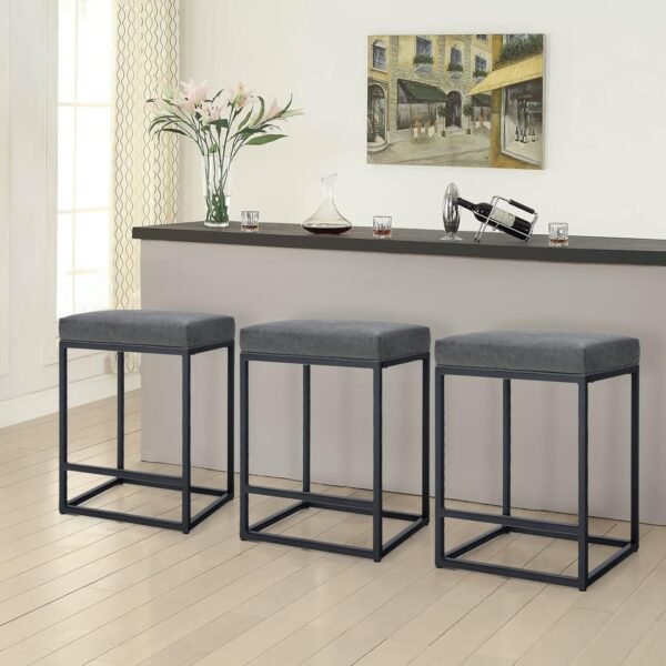 Grey Counter Height Bar Stools Set of 3 for Kitchen Counter 24 Inch Backless Modern Barstools Industrial Upholstered Faux Leather Stools Farmhouse Island Chairs,Support 330 LBS, Grey