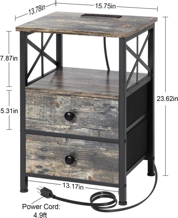 AMHANCIBLE Night Stand Set 2, Nightstand with Charging Station, End Tables Living Room with USB Ports and Outlets, Bedside Tables with Fabric Drawers for Bedroom, Ink Grey HET05XKG - Image 3