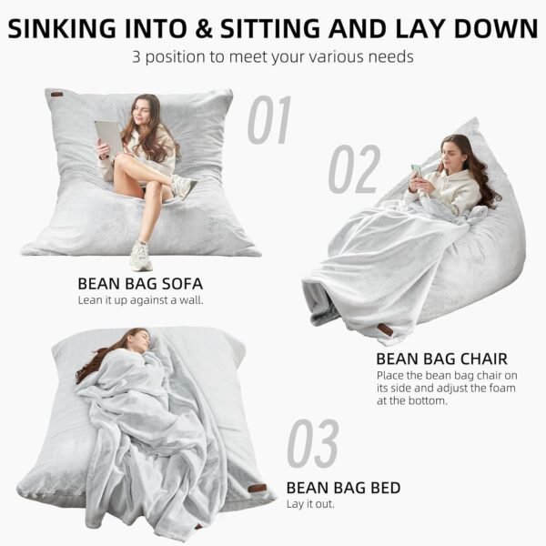 3 in 1 Bean Bag Chair, Giant Bean Bag Chair for Adult, Bean Bag Sofa with Removable Cover and Ultra Soft Blanket, Comfy Chair for Living Room, Bedroom and Dorm (Light Grey) - Image 5