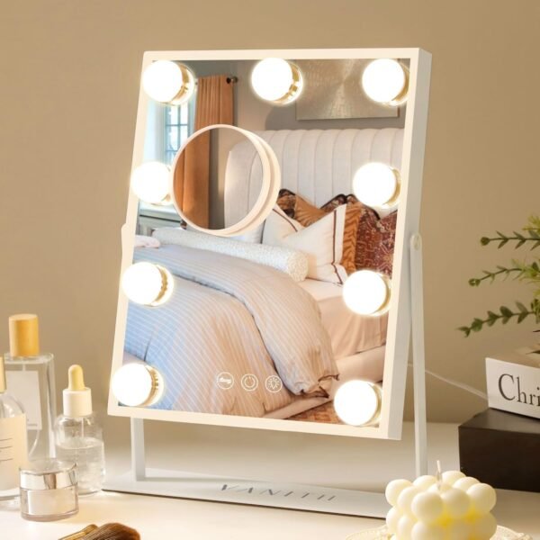 VANITII Vanity Mirror with Lights Hollywood Lighted Makeup Mirror with 9 Dimmable Bulbs Smart Touch Control 3 Colors Light for Bedroom, Detachable 10X Magnification, 360°Rotation - Image 6