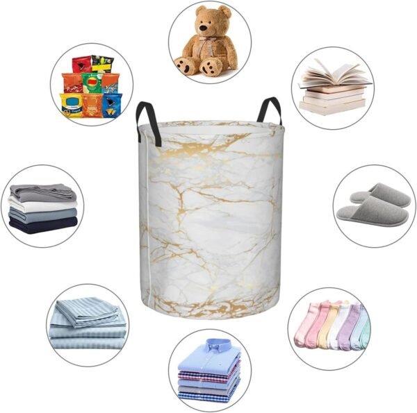 White Marble Round Laundry Hamper Marbling Texture Storage Basket Waterproof Coating Organizer Bin For Nursery Clothes Toys, 38L - Image 5
