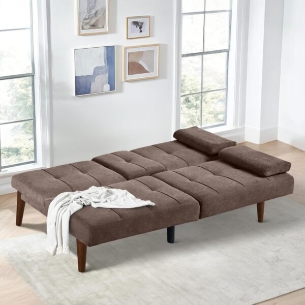 COLAMY Futon Sofa Bed-Fabric Small Futon Couch, Futon Lounge Sofa, Futon Convertible with 2 Cup Holders, Removable Soft Armrest, Adjustable Backrest for Dorm/Bedroom/College Brown - Image 2