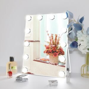 Paton Hollywood Vanity Mirror with Lights, Tabletop Makeup Mirror with 12 LED Lights Bulbs, Beauty Mirror with 3 Color Lighting Modes, Vanity Mirror for Bedroom, Bathroom, Touch Control, White