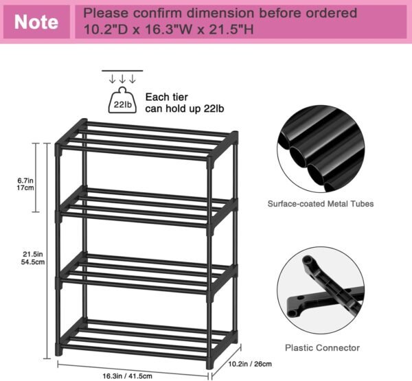 4 Tier Small Shoe Rack, Narrow Stackable Shoe Shelf for Kids Toddler Adult, Lightweight Shoe Rack Stand for Closet Dorm Storage Organizer, Front Door Entrance, Entryway - Image 3