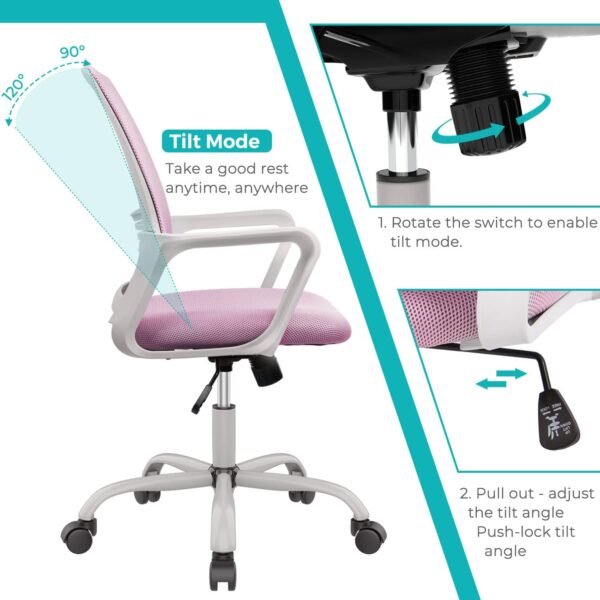 Office Chair, Desk Chair Ergonomic Pink Office Chair Computer, Home Desk Chairs with Wheels Desk Chair, Mid Back Mesh Office Chair Rolling Swivel Chair with Lumbar Support Armrests - Image 7