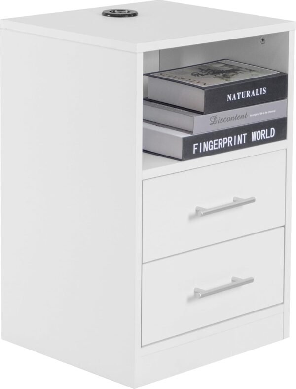 PrimeZone LED Nightstand with Charging Station - Modern End Table Bedside Table with 3 USB Ports, Wooden Bedroom Night Stand with 2 Drawers & Open Storage, White, Set of 2 - Image 4