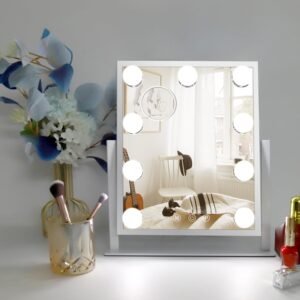 Hollywood Vanity Mirror with Lights, 360°Rotation Tabletop Makeup Mirror with 9 LED Lights Bulbs, Beauty Mirror with 3 Color Lighting Modes, Vanity Mirror for Bedroom, Touch Control, White
