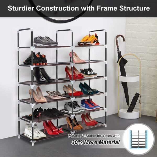 Awenia Shoe Rack 6 Tier, Durable and Stable Metal Shoe Organizer 30 Pairs Space Saving Shoe Tower Shoe Shelf for Closet Entryway Hallway, Non-Woven Fabric, Brown - Image 6