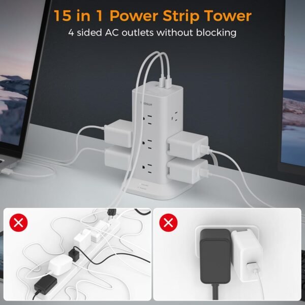 Power Strip Tower with Surge Protection, TESSAN Flat Plug Extension Cord 6 Feet with 12 Multiple Outlets 3 USB Ports (1 USB C), Surge Protector Tower for Home, Office Supplies, Dorm Room Essentials - Image 3