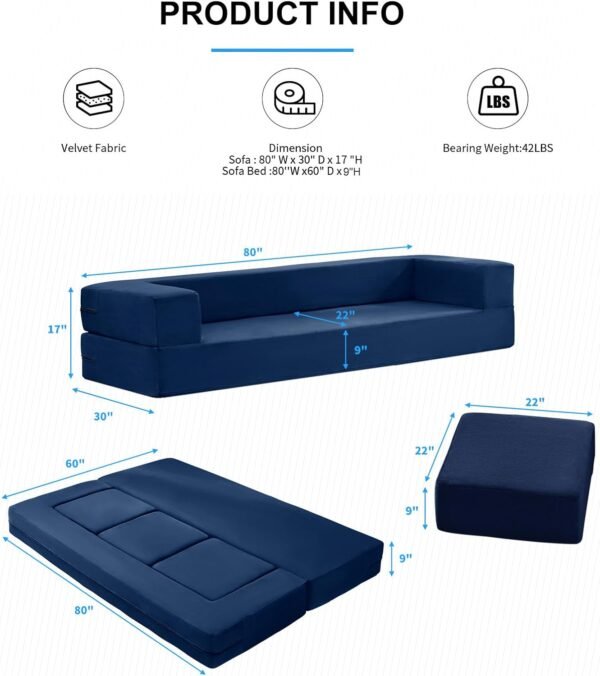 PUREMIND Velvet Folding Sofa Bed, Upholstered Floor Sofa Bed with 3 Ottomans, Fold Out Couch Bed with High-Density Foam, Convertible 2-in-1 Foldable Sleeper Sofa Bed for Guest Bedroom Living Room - Image 2