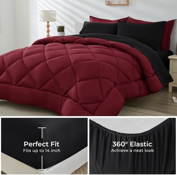 5 Pieces Twin XL Comforter Set, Dorm Bedding Sets, Back to School Bed in a Bag 5 PCS, Down Alternative Sets with Comforter, Flat Sheet, Fitted Sheet, Pillowcase & Pillow Sham, Burgundy Red & Black - Image 4