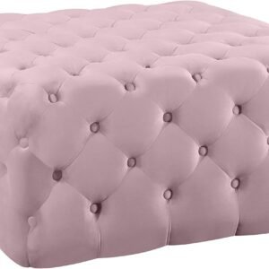 Meridian Furniture Ariel Collection Modern | Contemporary Pink Velvet Upholstered Ottoman/Bench with Deep Button Tufting, Solid Wood Frame, Square,