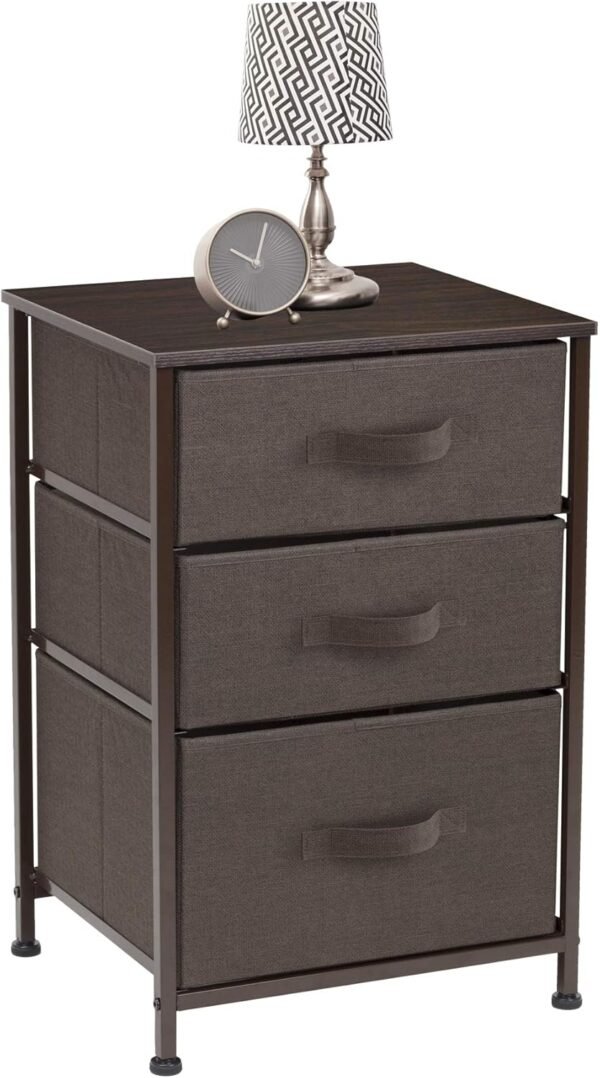 Sorbus Nightstand with 3 Drawers - Bedside Furniture & Accent End Table Chest for Home, Bedroom Accessories, Office, College Dorm, Steel Frame, Wood Top, Easy Pull Fabric Bins (Brown) - Image 4