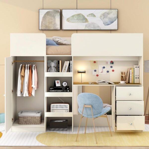 Full Size Loft Bed with Wardrobes and Desk,Wooden Frame with Storage Stairs and Cabinet Built-in 3 Drawers for Kids Adults Girls,Beige - Image 3