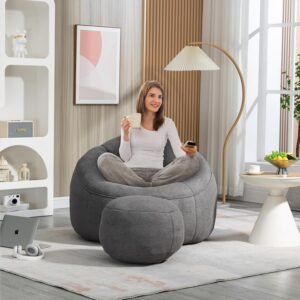 Bean Bag Sofa with Ottoman for Adults, Bean Bag Sofa Chairs with High-Density Foam Modern Lazy Sofa for Living Room Bedroom College Dorm Grey