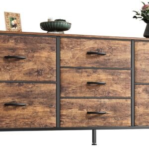 Dresser with 7 Drawers, 47 Inch Dresser TV Stand for 43, 50, 55 Inch TV, Wide Fabric Dresser Chest of Drawers, Metal Frame, Storage Dresser for Bedroom, Nursery, Clothing, Rustic Brown
