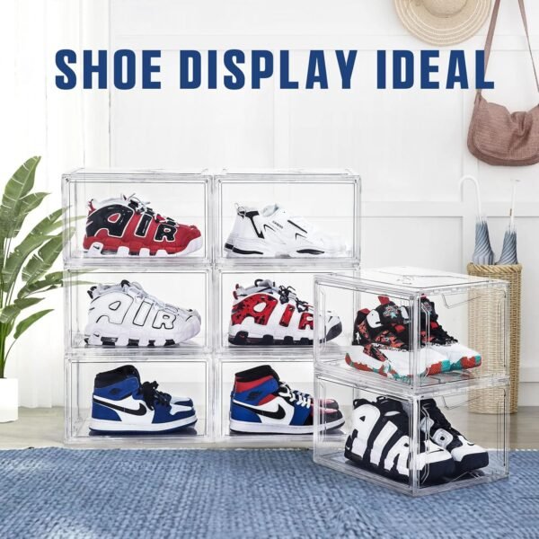 Shoe Boxes, Clear Acrylic Plastic Shoe Boxes Stackable, Space-Saving Foldable Drop Front Shoe Storage Boxes Container for With Lids Fits Up to Size 15 (Clear) - Image 7