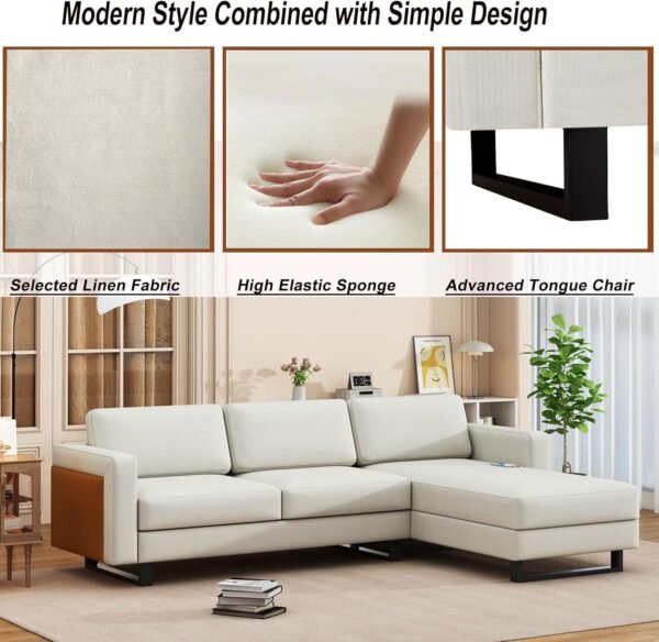 DEINPPA L Shaped Sofa Couch with Charging Port, Convertible Sectional Sofa with Linen Fabric, Modern Couch with Reversible Chaise for Living Room and Small Space, Beige - Image 6