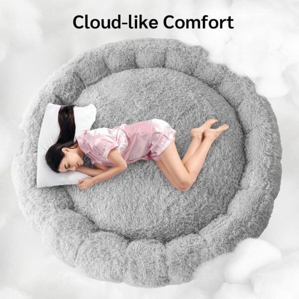 BYBYME Fluffy Soft Bean Bag Bed, Human Round Cloudy Dog Bed, Extra Wider Full Floor Mattress with Long Faux Fur Cover, Grey, 80x80 Inch - Image 3