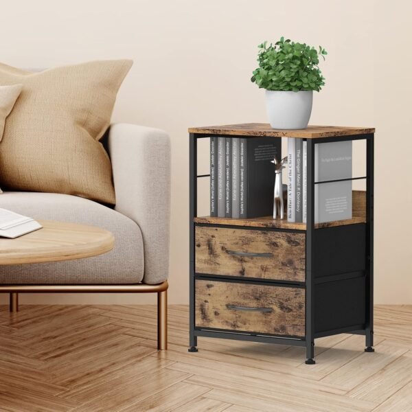 YBING Nightstand Bedroom End Table with 2 Drawers and Open Shelf Wood Industrial Bedside Table with Fabric Storage for Bedroom Living Room Sturdy Dorm Brown - Image 2